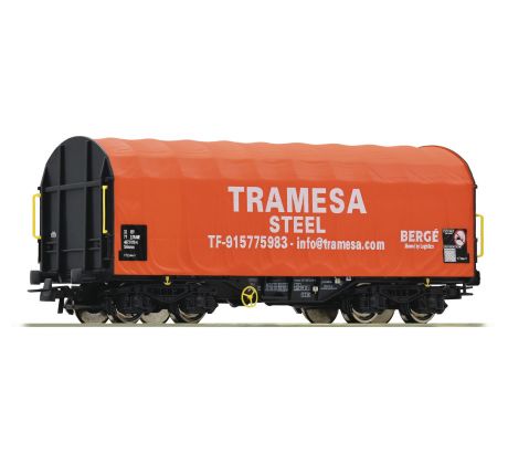 76439 - 4. osý plošinový vůz na přepravu plechových svitků s plachtou Tramesa Steel