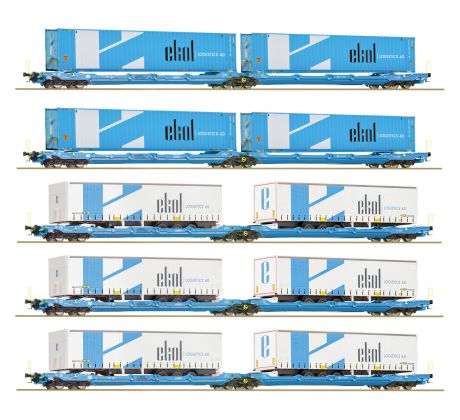 6600019 - Set pěti dvoukapsových vozů EUROWAGON T3000e naložených nákladními přívěsy a 45′ kontejnery