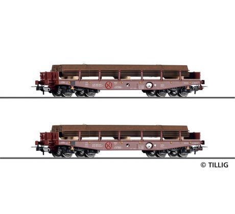 70073 - Set dvou plošinových vozů Rmms 3960 TSS Cargo a.s., ložených plechovými piloty