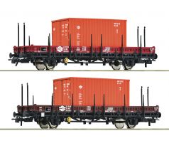 6600076 - Set dvo 2-osých plošinových vozů s klanicemi loženými kontejnery